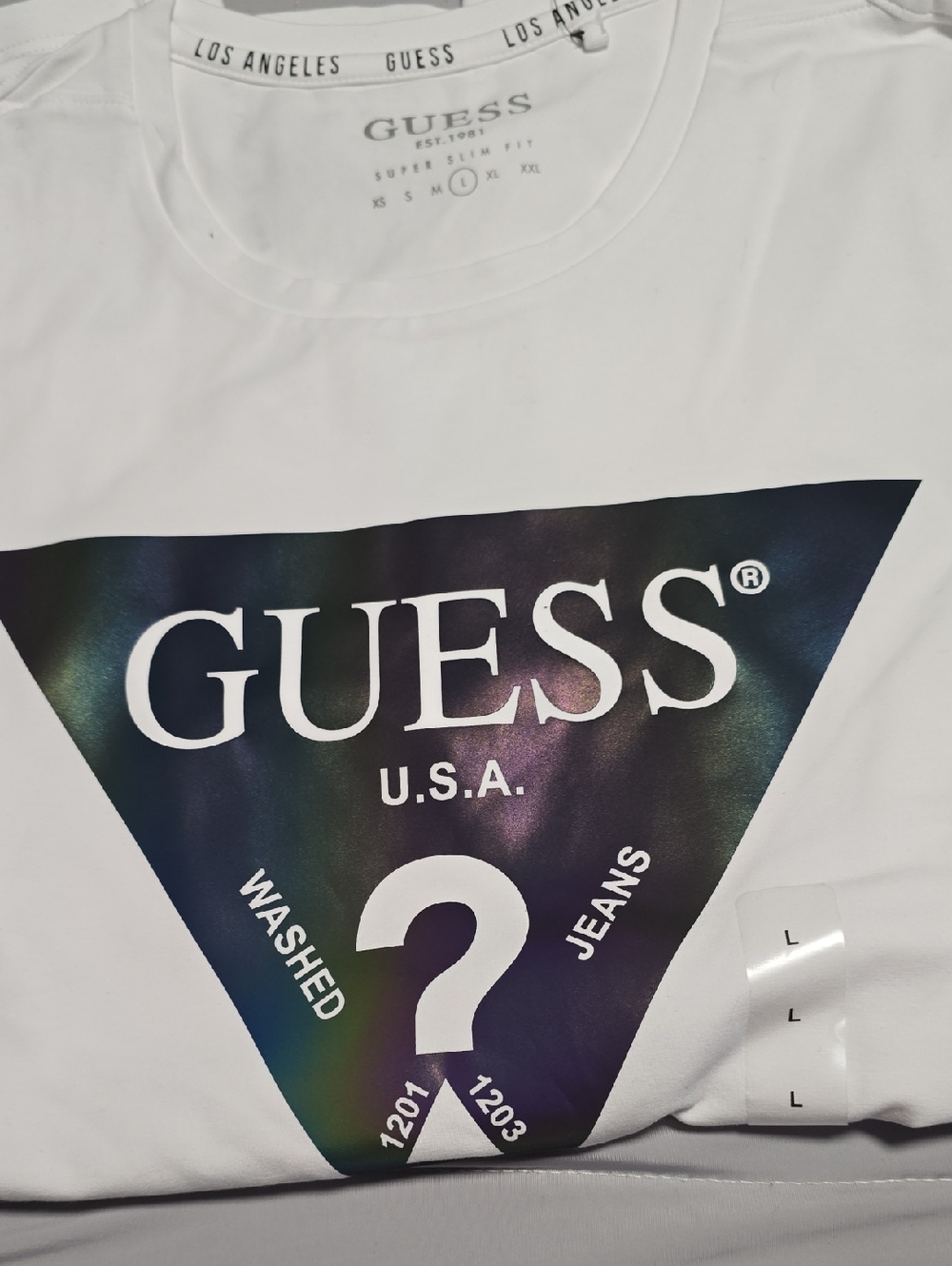 Guess White Tee with Iridescent Black Triangle Logo